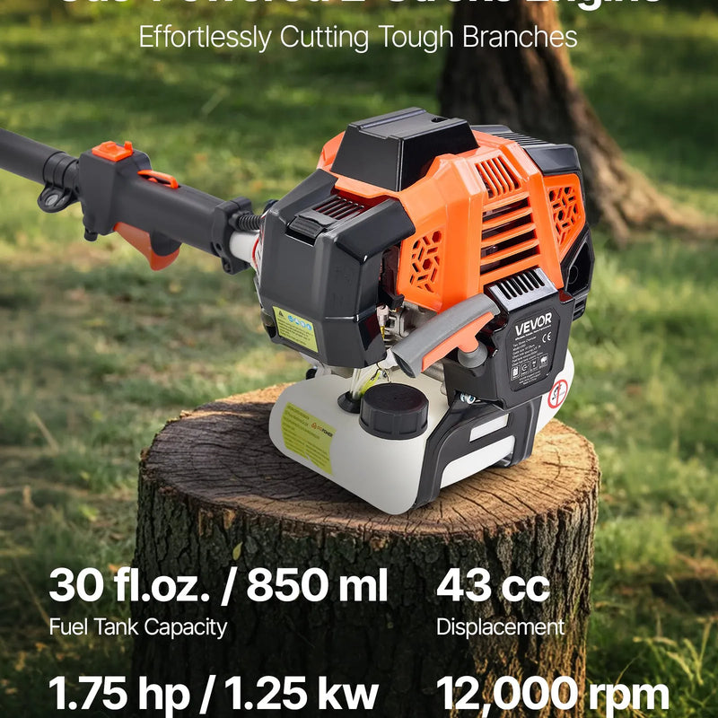 VEVOR benzīna teleskopiskais zaru zāģis ar 43 cm³ divtaktu dzinēju, 30,5 cm griešanas sliedi, rotējamu griešanas galvu un pagarinājumu no 2,16 līdz 3,66 m, jaudīgs bezvadu ķēdes zāģis koku apgriešanai un kopšanai
