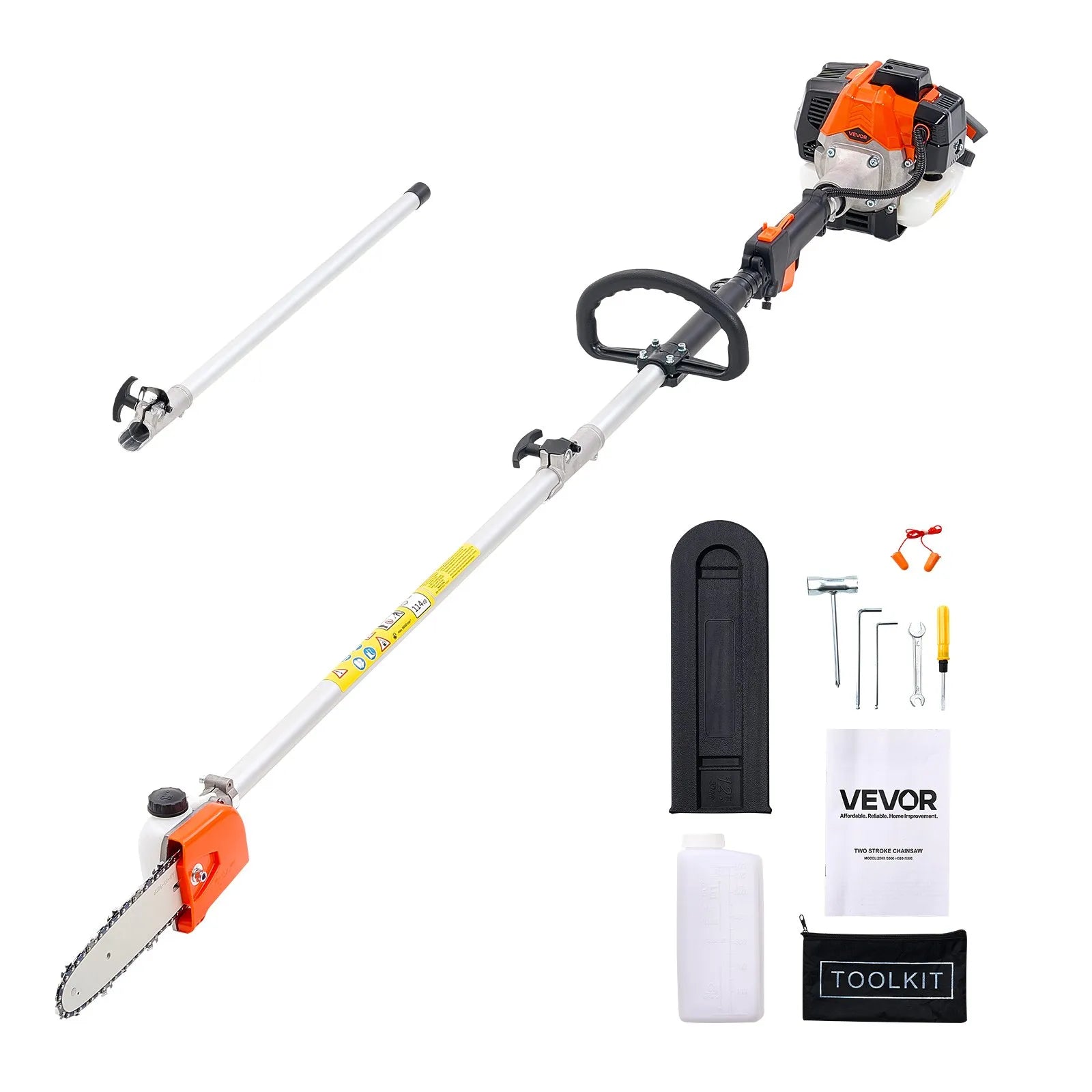 VEVOR benzīna teleskopiskais zaru zāģis ar 25 cm³ divtaktu dzinēju, 20,3 cm griešanas sliedi, 650 ml degvielas tvertni un pagarinājumu no 2 līdz 2,74 m, jaudīgs bezvadu ķēdes zāģis koku apgriešanai un kopšanai