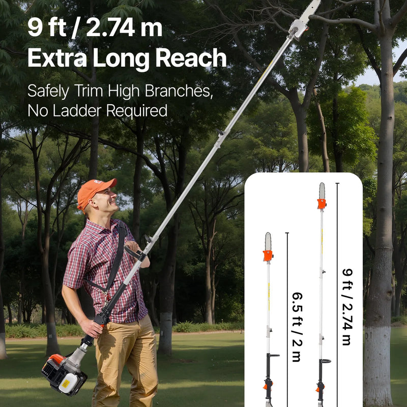 VEVOR benzīna teleskopiskais zaru zāģis ar 25 cm³ divtaktu dzinēju, 20,3 cm griešanas sliedi, 650 ml degvielas tvertni un pagarinājumu no 2 līdz 2,74 m, jaudīgs bezvadu ķēdes zāģis koku apgriešanai un kopšanai