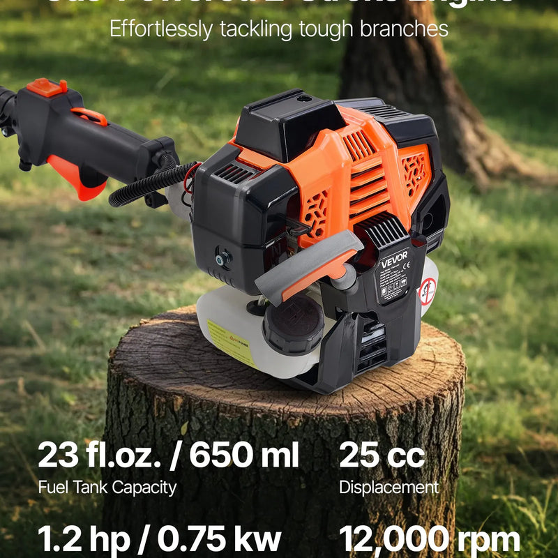 VEVOR benzīna teleskopiskais zaru zāģis ar 25 cm³ divtaktu dzinēju, 20,3 cm griešanas sliedi, 650 ml degvielas tvertni un pagarinājumu no 2 līdz 2,74 m, jaudīgs bezvadu ķēdes zāģis koku apgriešanai un kopšanai