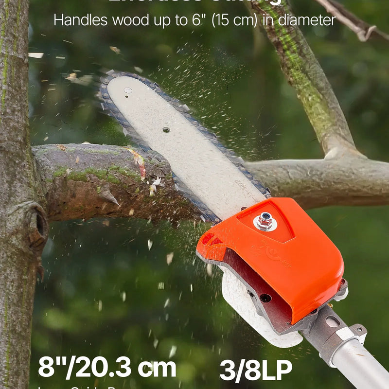 VEVOR benzīna teleskopiskais zaru zāģis ar 25 cm³ divtaktu dzinēju, 20,3 cm griešanas sliedi, 650 ml degvielas tvertni un pagarinājumu no 2 līdz 2,74 m, jaudīgs bezvadu ķēdes zāģis koku apgriešanai un kopšanai