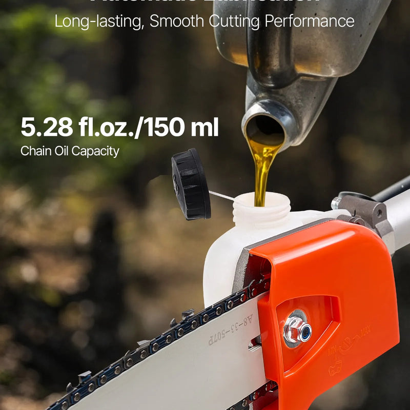 VEVOR benzīna teleskopiskais zaru zāģis ar 25 cm³ divtaktu dzinēju, 20,3 cm griešanas sliedi, 650 ml degvielas tvertni un pagarinājumu no 2 līdz 2,74 m, jaudīgs bezvadu ķēdes zāģis koku apgriešanai un kopšanai