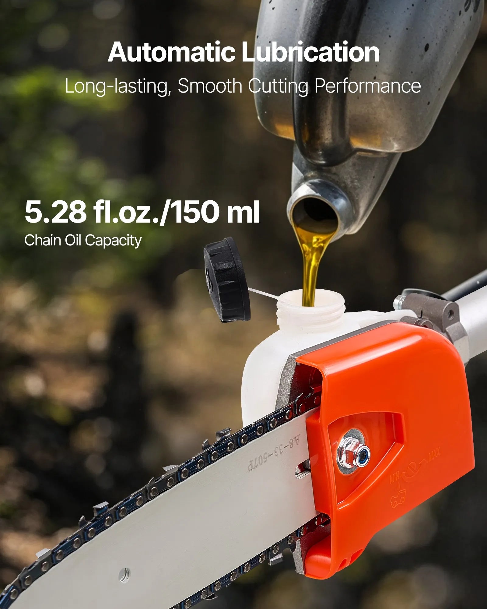 VEVOR benzīna teleskopiskais zaru zāģis ar 25 cm³ divtaktu dzinēju, 20,3 cm griešanas sliedi, 650 ml degvielas tvertni un pagarinājumu no 2 līdz 2,74 m, jaudīgs bezvadu ķēdes zāģis koku apgriešanai un kopšanai