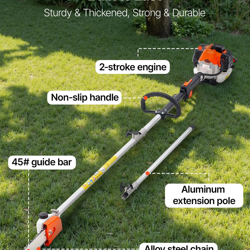VEVOR benzīna teleskopiskais zaru zāģis ar 25 cm³ divtaktu dzinēju, 20,3 cm griešanas sliedi, 650 ml degvielas tvertni un pagarinājumu no 2 līdz 2,74 m, jaudīgs bezvadu ķēdes zāģis koku apgriešanai un kopšanai