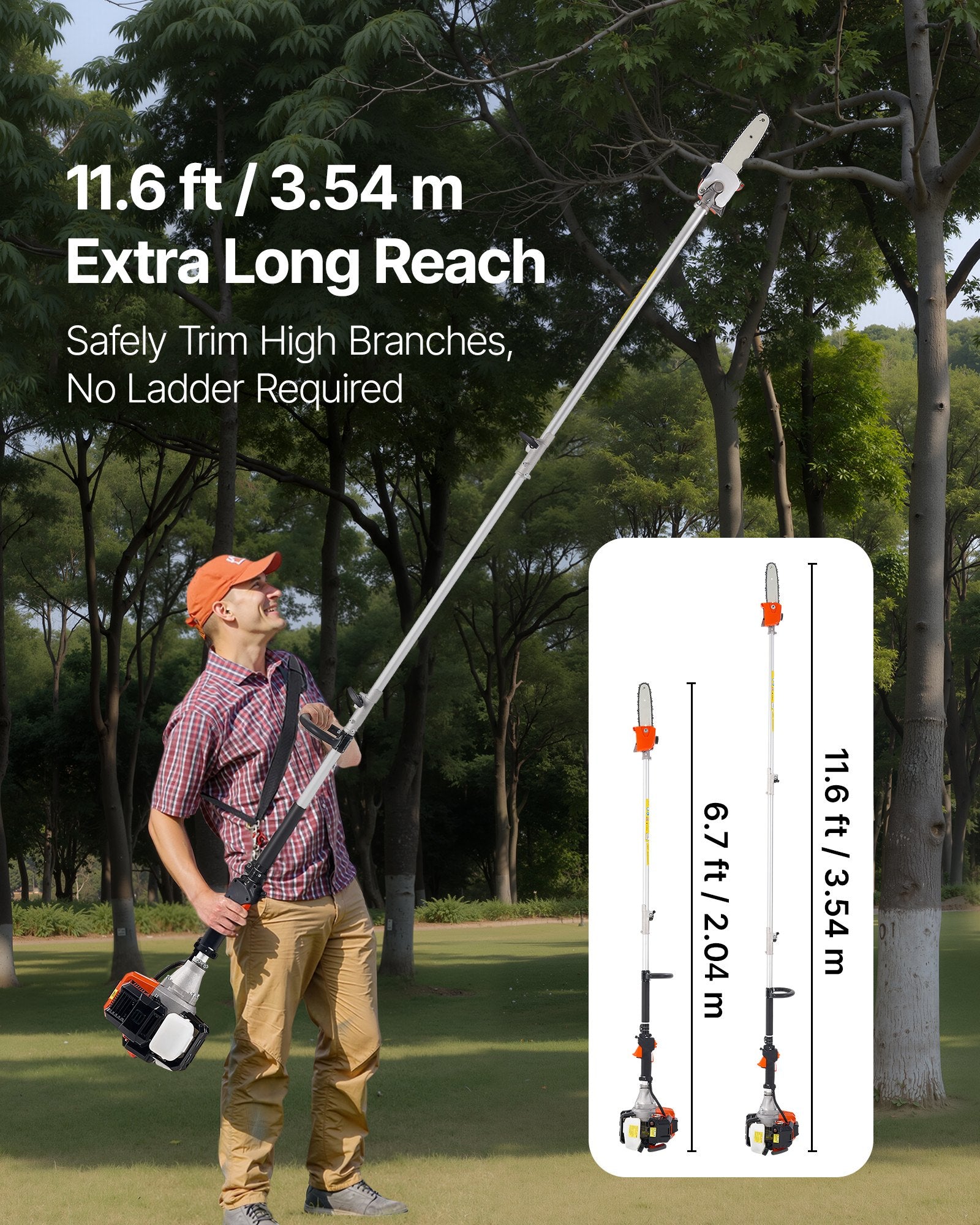 VEVOR benzīna teleskopiskais zaru zāģis ar 33 cm³ divtaktu dzinēju, 20,3 cm griešanas sliedi, 850 ml degvielas tvertni un pagarinājumu no 2 līdz 3,5 m, jaudīgs bezvadu ķēdes zāģis koku apgriešanai un kopšanai