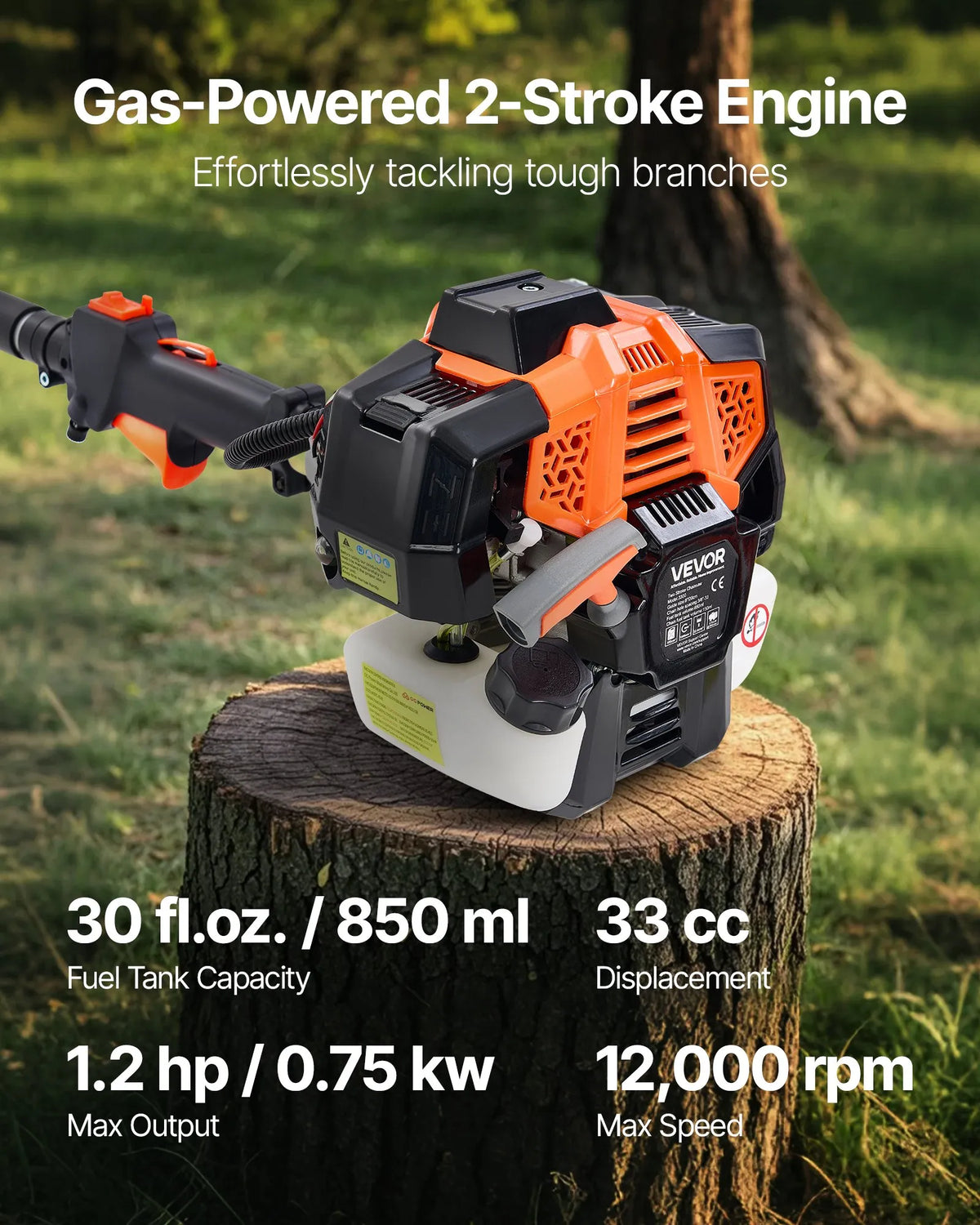 VEVOR benzīna teleskopiskais zaru zāģis ar 33 cm³ divtaktu dzinēju, 20,3 cm griešanas sliedi, 850 ml degvielas tvertni un pagarinājumu no 2 līdz 3,5 m, jaudīgs bezvadu ķēdes zāģis koku apgriešanai un kopšanai