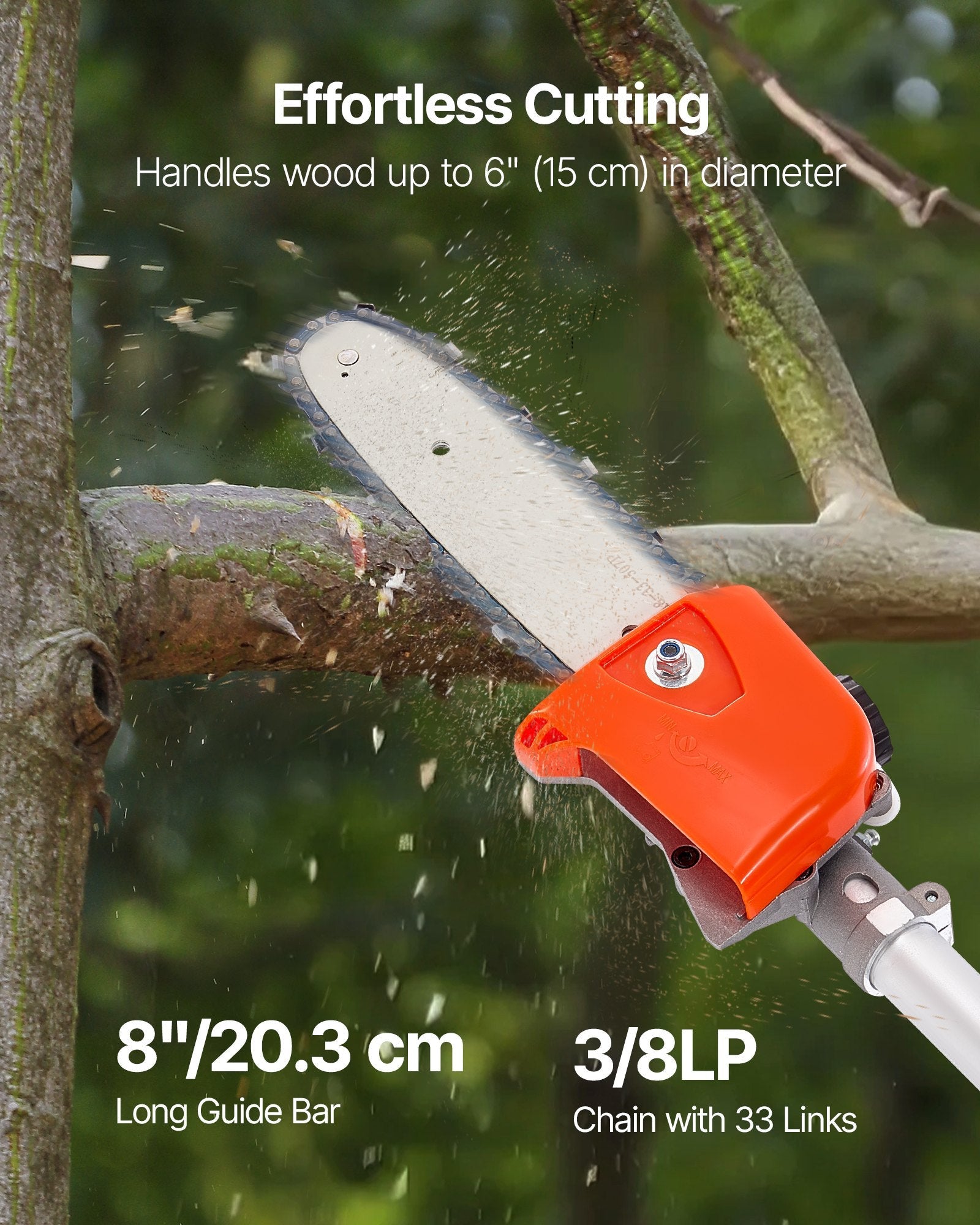 VEVOR benzīna teleskopiskais zaru zāģis ar 33 cm³ divtaktu dzinēju, 20,3 cm griešanas sliedi, 850 ml degvielas tvertni un pagarinājumu no 2 līdz 3,5 m, jaudīgs bezvadu ķēdes zāģis koku apgriešanai un kopšanai