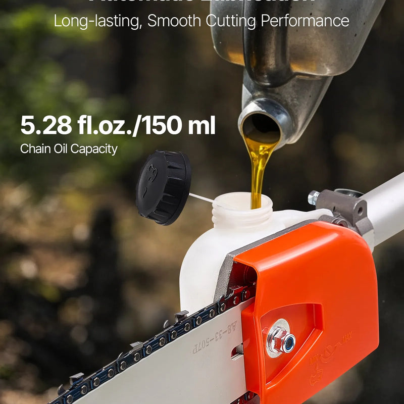 VEVOR benzīna teleskopiskais zaru zāģis ar 33 cm³ divtaktu dzinēju, 20,3 cm griešanas sliedi, 850 ml degvielas tvertni un pagarinājumu no 2 līdz 3,5 m, jaudīgs bezvadu ķēdes zāģis koku apgriešanai un kopšanai