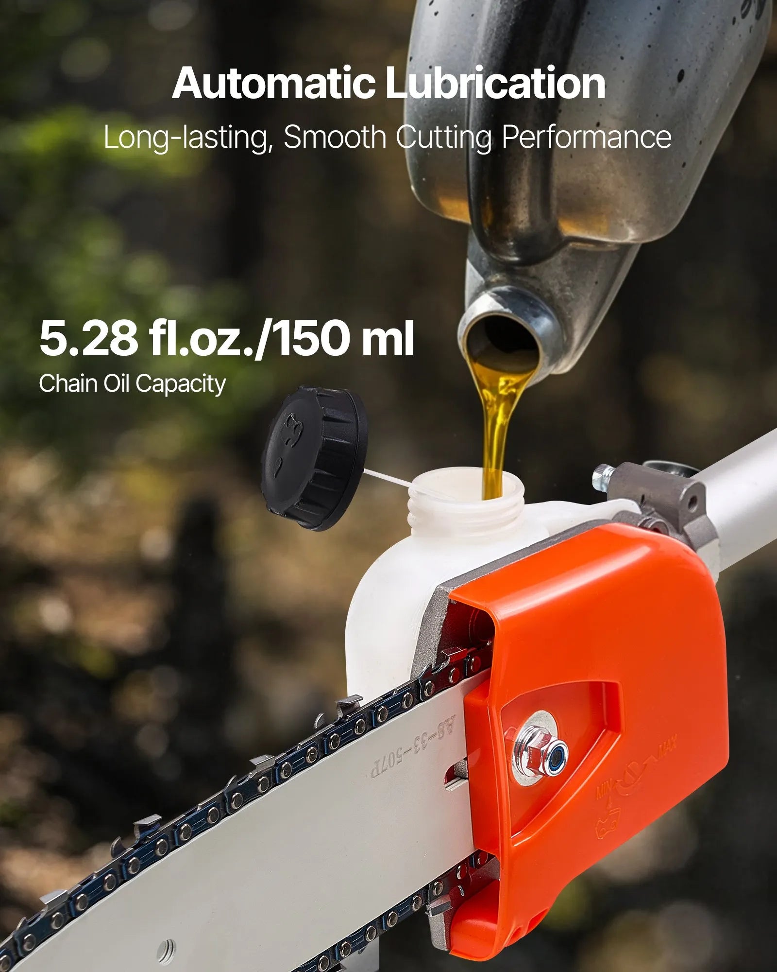 VEVOR benzīna teleskopiskais zaru zāģis ar 33 cm³ divtaktu dzinēju, 20,3 cm griešanas sliedi, 850 ml degvielas tvertni un pagarinājumu no 2 līdz 3,5 m, jaudīgs bezvadu ķēdes zāģis koku apgriešanai un kopšanai