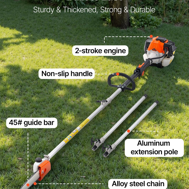 VEVOR benzīna teleskopiskais zaru zāģis ar 33 cm³ divtaktu dzinēju, 20,3 cm griešanas sliedi, 850 ml degvielas tvertni un pagarinājumu no 2 līdz 3,5 m, jaudīgs bezvadu ķēdes zāģis koku apgriešanai un kopšanai
