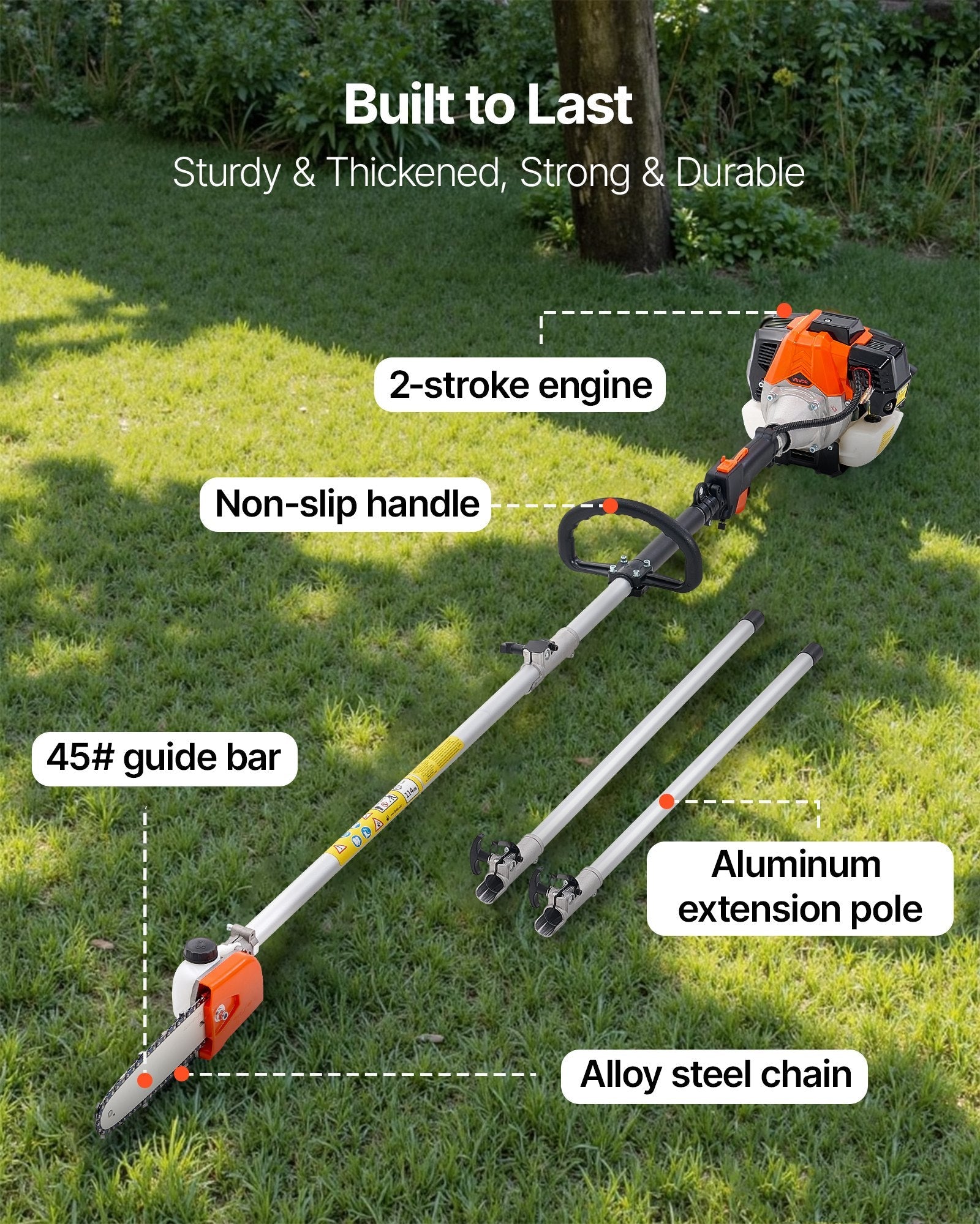 VEVOR benzīna teleskopiskais zaru zāģis ar 33 cm³ divtaktu dzinēju, 20,3 cm griešanas sliedi, 850 ml degvielas tvertni un pagarinājumu no 2 līdz 3,5 m, jaudīgs bezvadu ķēdes zāģis koku apgriešanai un kopšanai