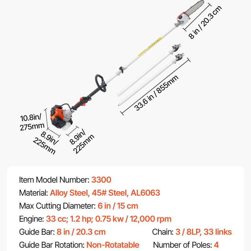 VEVOR benzīna teleskopiskais zaru zāģis ar 33 cm³ divtaktu dzinēju, 20,3 cm griešanas sliedi, 850 ml degvielas tvertni un pagarinājumu no 2 līdz 3,5 m, jaudīgs bezvadu ķēdes zāģis koku apgriešanai un kopšanai