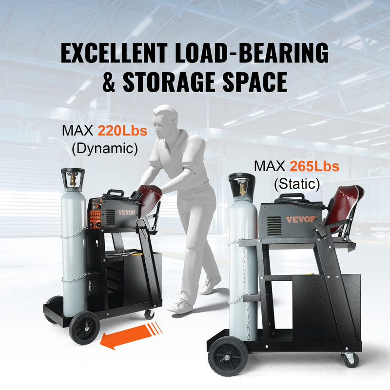 VEVOR Welding Cart, 2 Layers, 4 Drawers, 120 kg Load Capacity, 360° Rotating Castors, Gas Cylinder Safety Chains