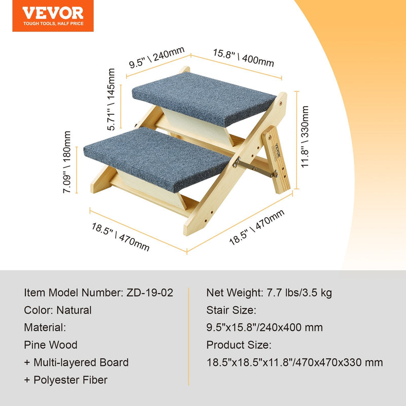 VEVOR 2-in-1 salokāmās koka suņu kāpnes/pakāpieni ar 2 pakāpieniem līdz 50 kg