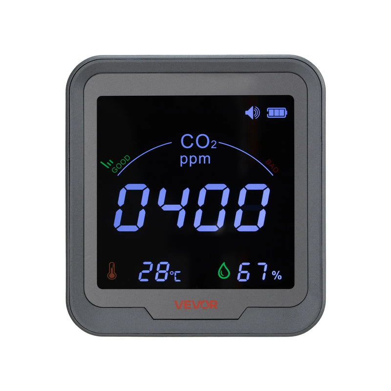 VEVOR oglekļa dioksīda (CO₂) monitors ar temperatūras un mitruma displeju, CO₂ kontrolieris ar 4,57 m NDIR sensora kabeli, pārnēsājams CO₂ sensors lietošanai pie gultas, mājās, birojā un automašīnā