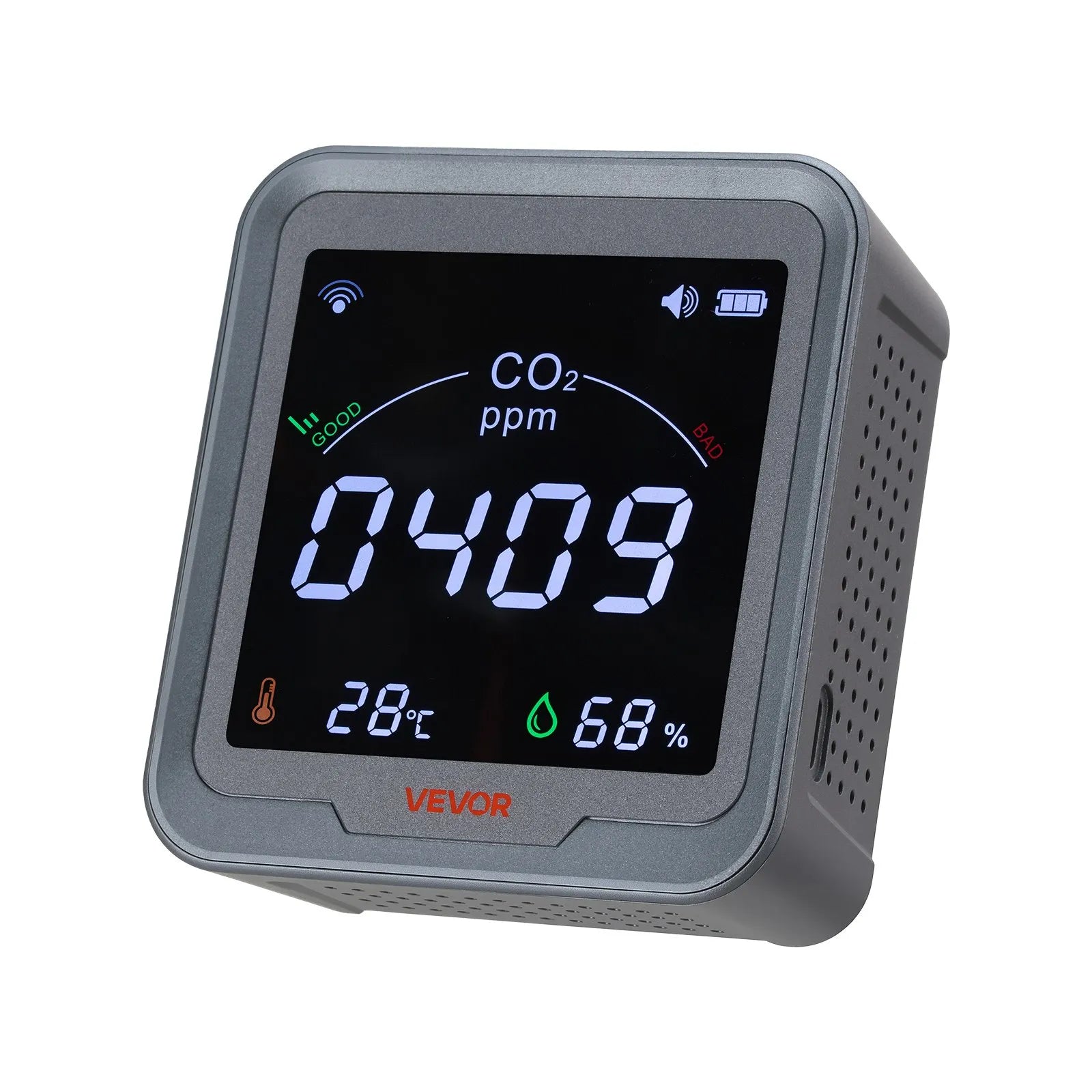 VEVOR oglekļa dioksīda (CO₂) monitors ar temperatūras un mitruma displeju, CO₂ kontrolieris ar 4,57 m NDIR sensora kabeli, CO₂ sensors lietošanai ārā, mājās, birojā, automašīnā un sienas montāžai