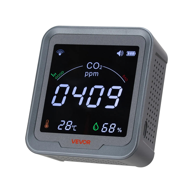 VEVOR oglekļa dioksīda (CO₂) monitors ar temperatūras un mitruma displeju, CO₂ kontrolieris ar 4,57 m NDIR sensora kabeli, CO₂ sensors lietošanai ārā, mājās, birojā, automašīnā un sienas montāžai