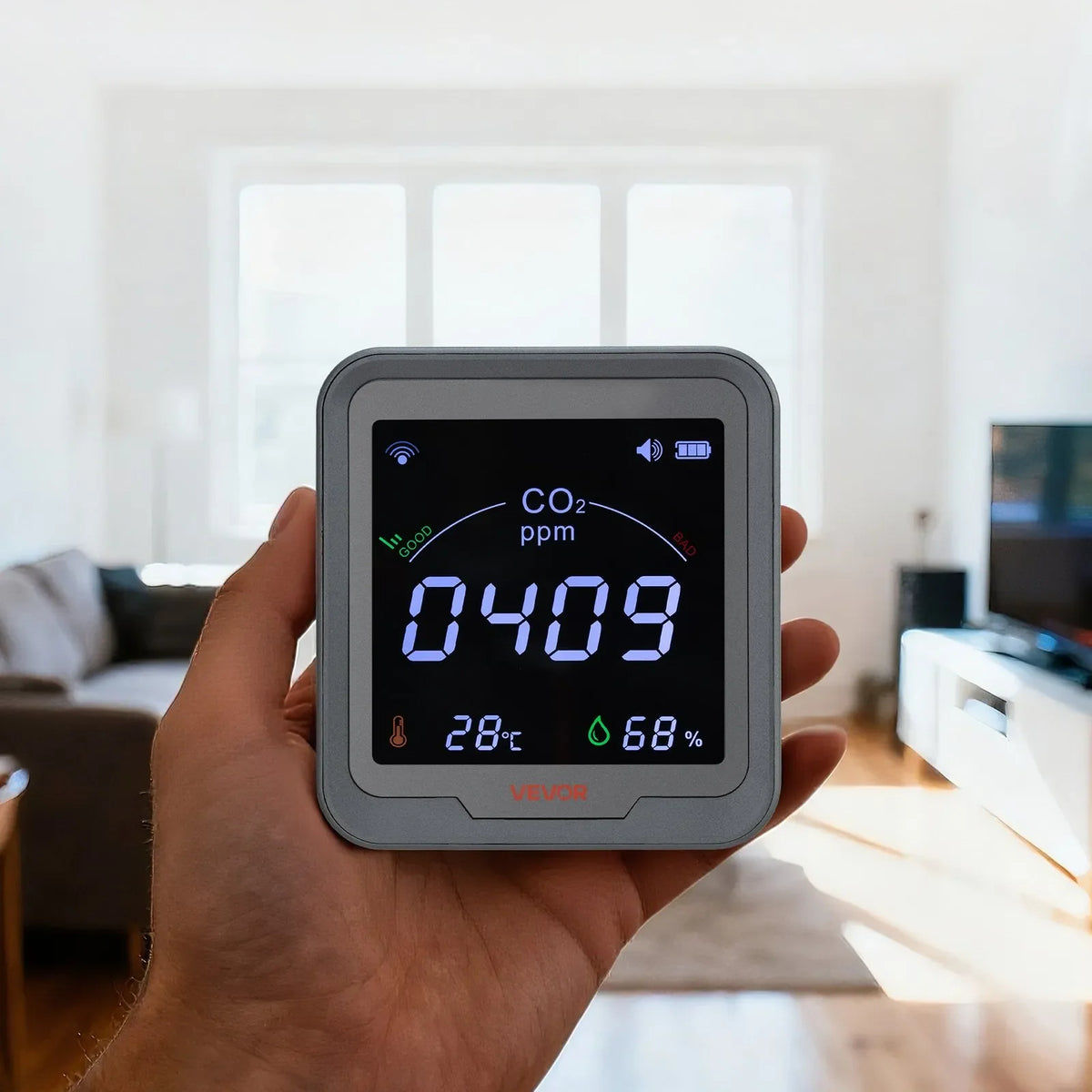 VEVOR oglekļa dioksīda (CO₂) monitors ar temperatūras un mitruma displeju, CO₂ kontrolieris ar 4,57 m NDIR sensora kabeli, CO₂ sensors lietošanai ārā, mājās, birojā, automašīnā un sienas montāžai