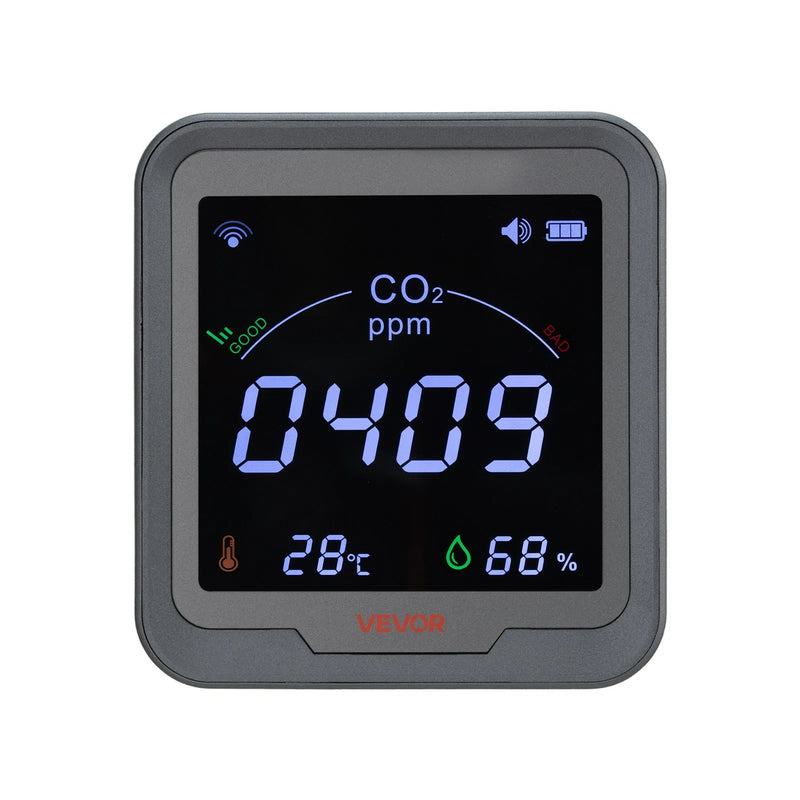 VEVOR oglekļa dioksīda (CO₂) monitors ar temperatūras un mitruma displeju, CO₂ kontrolieris ar 4,57 m NDIR sensora kabeli, CO₂ sensors lietošanai ārā, mājās, birojā, automašīnā un sienas montāžai