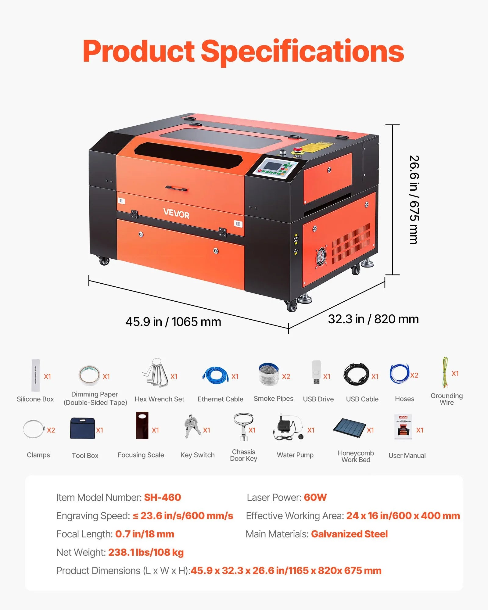 VEVOR 60 W CO₂ lāzera gravēšanas un griešanas iekārta, darba laukums 600 × 400 mm, ar 4 virzienu gaisa asistenci, savietojama ar LightBurn, CorelDRAW un RDWorks, piemērota kokam, akrilam un stiklam