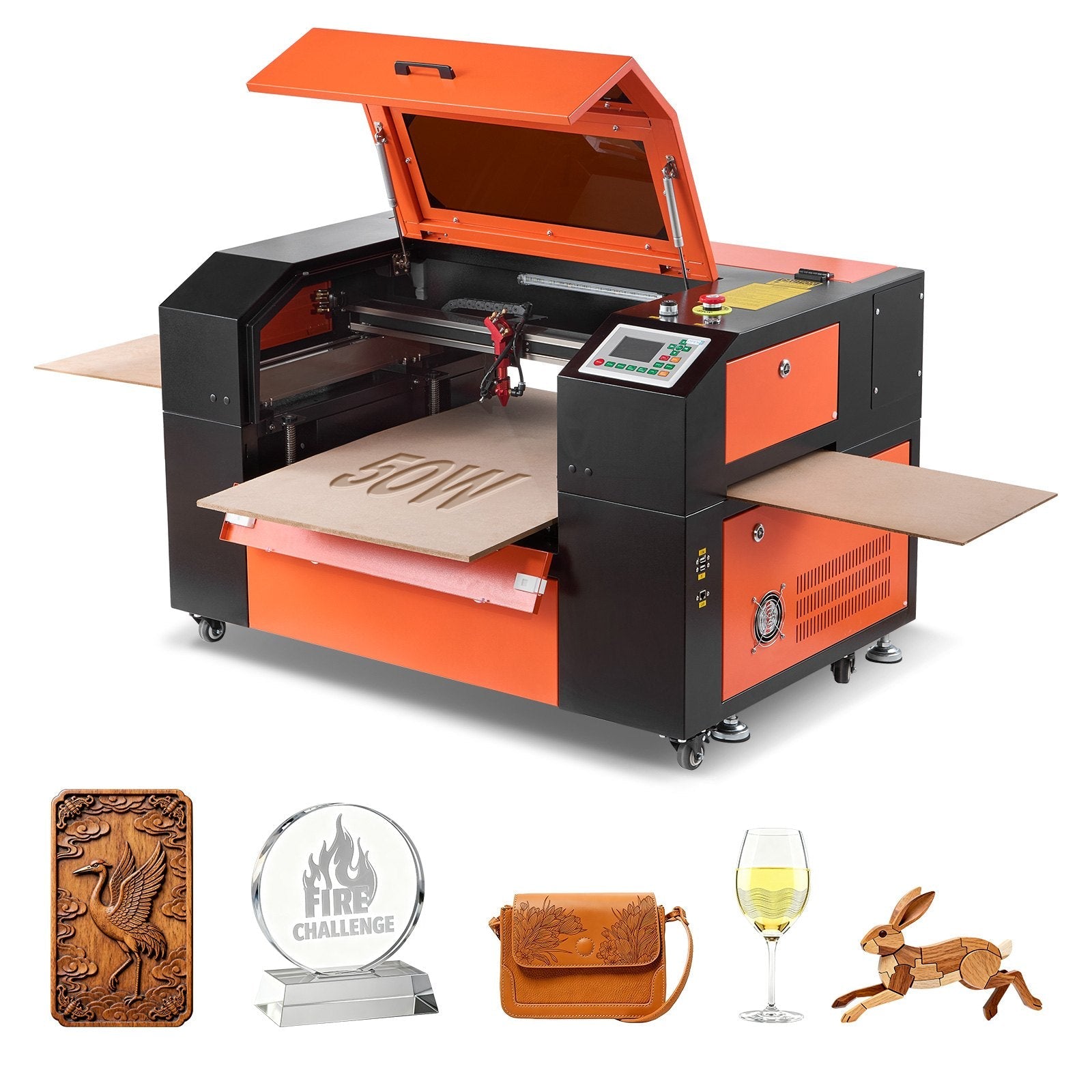 VEVOR 50 W CO₂ lāzera gravēšanas un griešanas iekārta, darba laukums 500 × 300 mm, ar 4 virzienu gaisa asistenci, savietojama ar LightBurn, CorelDRAW un RDWorks, piemērota kokam, akrilam un stiklam