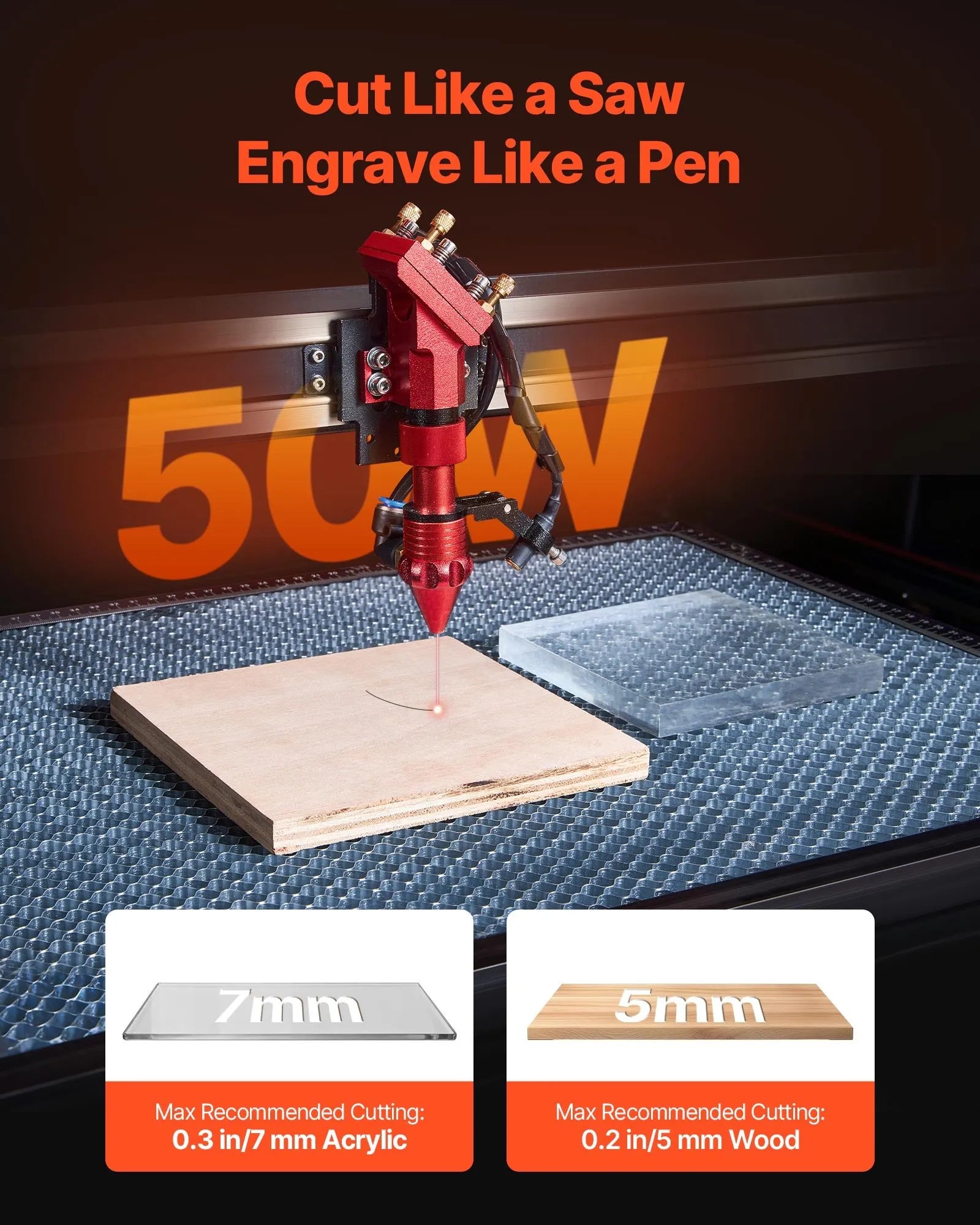 VEVOR 50 W CO₂ lāzera gravēšanas un griešanas iekārta, darba laukums 500 × 300 mm, ar 4 virzienu gaisa asistenci, savietojama ar LightBurn, CorelDRAW un RDWorks, piemērota kokam, akrilam un stiklam