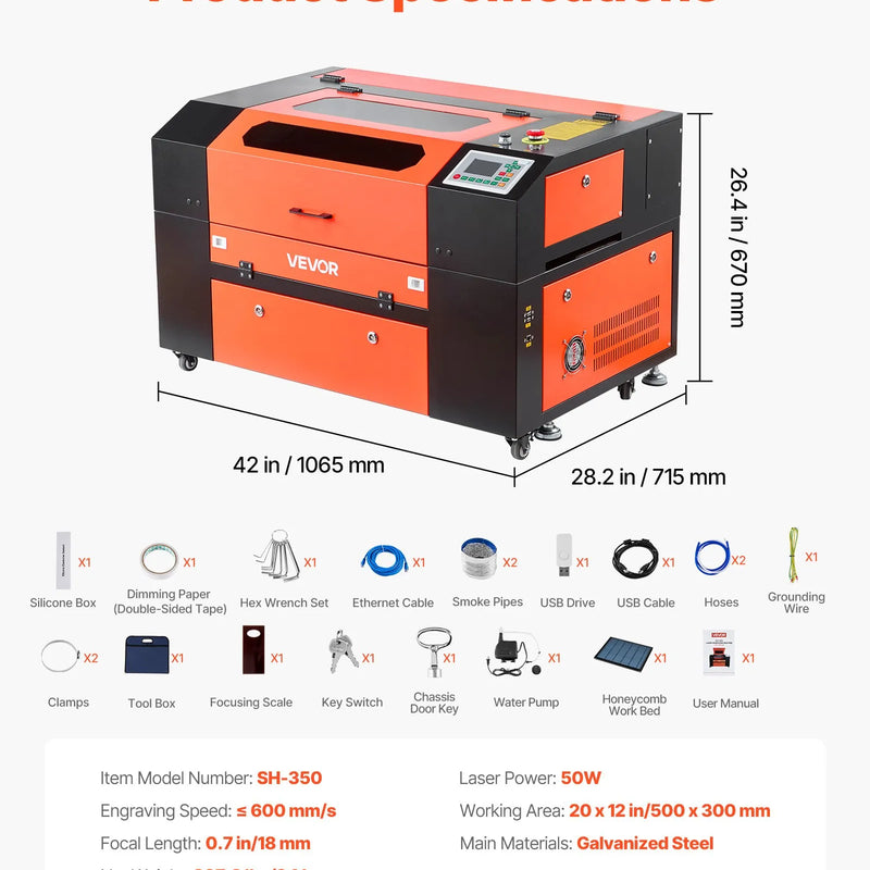 VEVOR 50 W CO₂ lāzera gravēšanas un griešanas iekārta, darba laukums 500 × 300 mm, ar 4 virzienu gaisa asistenci, savietojama ar LightBurn, CorelDRAW un RDWorks, piemērota kokam, akrilam un stiklam