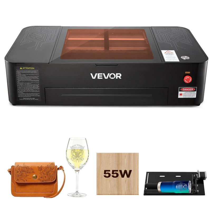 VEVOR 55 W CO₂ lāzera gravieris, 500 × 300 mm, galda tipa CO₂ lāzera gravēšanas un griešanas iekārta ar 16 MP kameru, ūdens sūkni un rotācijas asi, saderīga ar LightBurn, CorelDRAW un RDWorks, koksnei, akrilam un stiklam