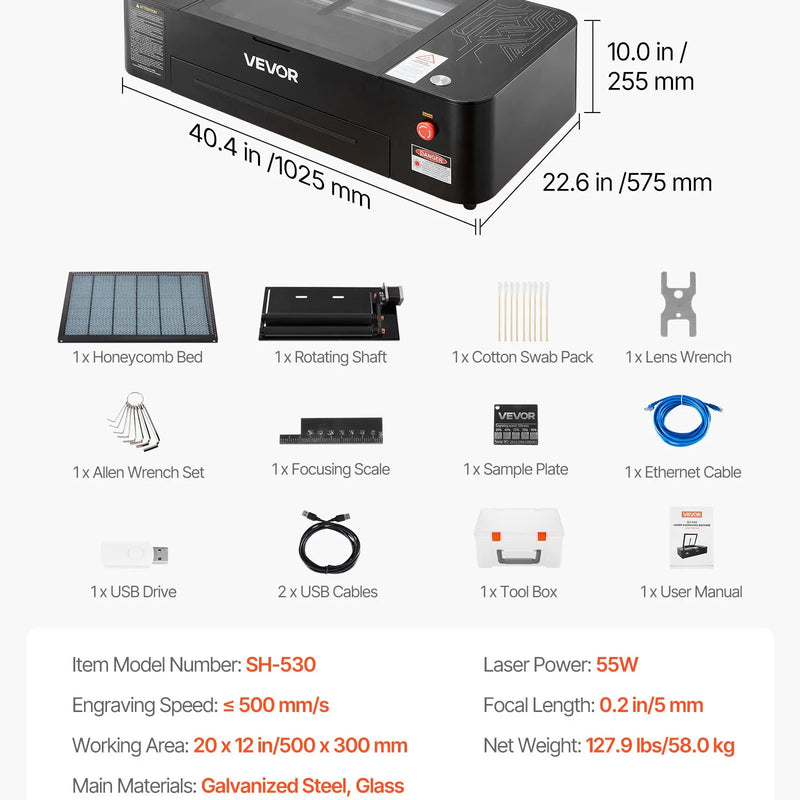 VEVOR 55 W CO₂ lāzera gravieris, 500 × 300 mm, galda tipa CO₂ lāzera gravēšanas un griešanas iekārta ar 16 MP kameru, ūdens sūkni un rotācijas asi, saderīga ar LightBurn, CorelDRAW un RDWorks, koksnei, akrilam un stiklam
