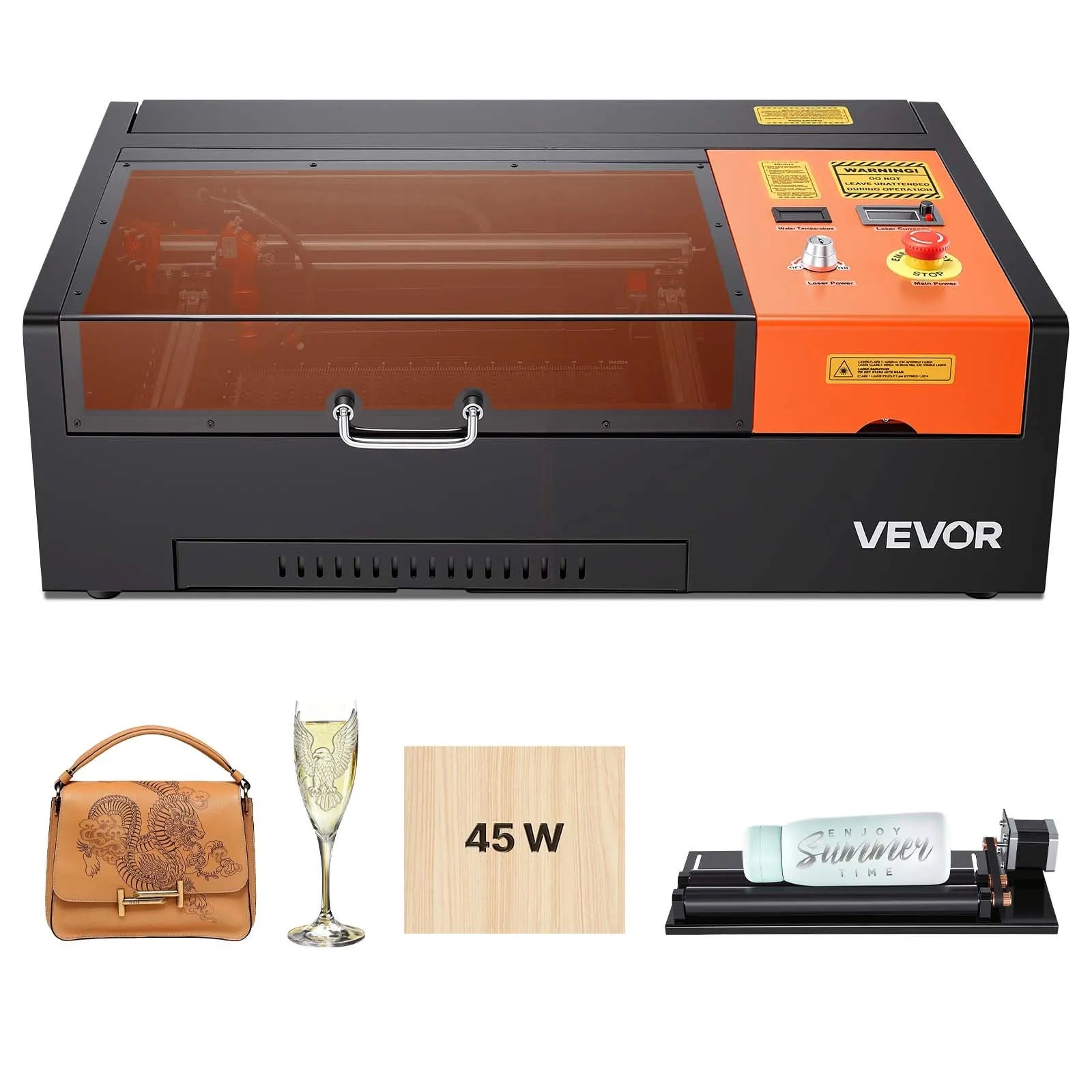 VEVOR 45 W galda CO₂ lāzera gravēšanas un griešanas iekārta, darba laukums 300 × 200 mm, ar rotācijas asi un gaisa padevi, saderīga ar LightBurn, CorelDRAW un GRBL, kokam, akrilam un stiklam