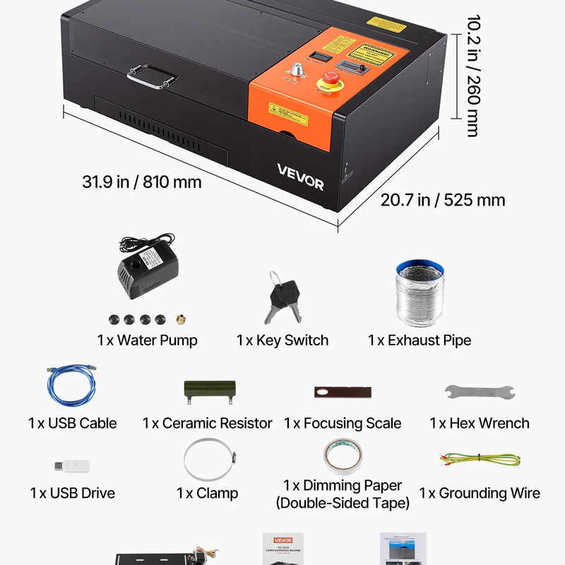 VEVOR 45 W galda CO₂ lāzera gravēšanas un griešanas iekārta, darba laukums 300 × 200 mm, ar rotācijas asi un gaisa padevi, saderīga ar LightBurn, CorelDRAW un GRBL, kokam, akrilam un stiklam