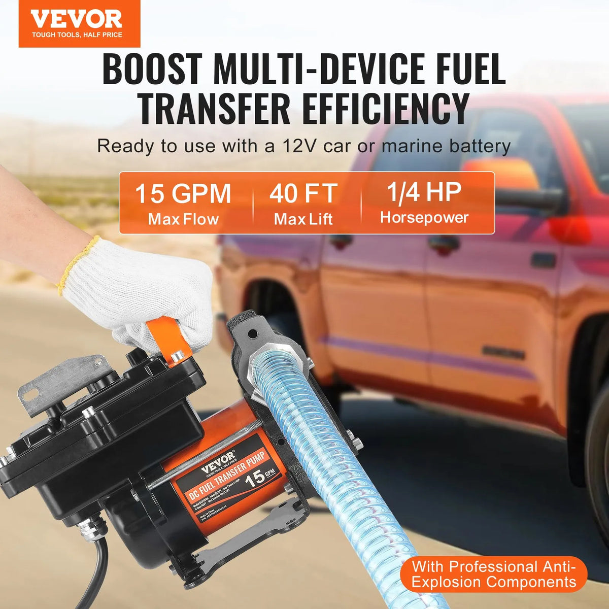 VEVOR degvielas pārsūknēšanas sūknis 12 V DC, 57 L/min, 186 W, portatīvs elektriskais degvielas sūknis ar automātisku izslēgšanās pistoli, ar ieplūdes un izplūdes šļūteni benzīnam, dīzeļdegvielai, petrolejai un metanola maisījumiem