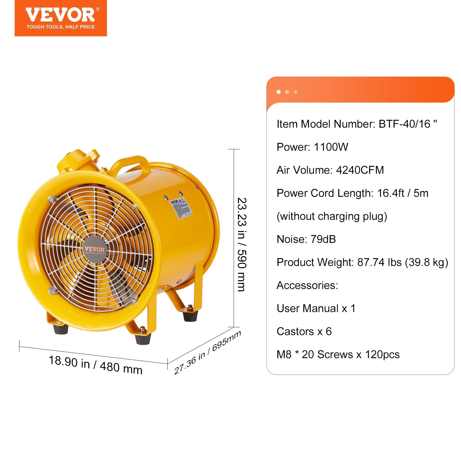 VEVOR 406.4mm Izplūdes Ventilators Pūtejs ar 5m Strāvas Vadu - Pārnēsājams Industrijas Ventilators