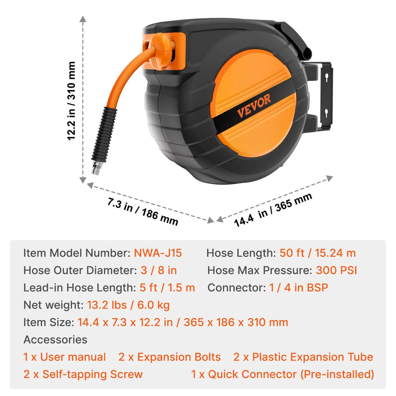 Gaisa šļūtenes spole, ievelkama, 9,53 mm, 15 m, hibrīda, ar korpusu, 20 bar / 300 PSI