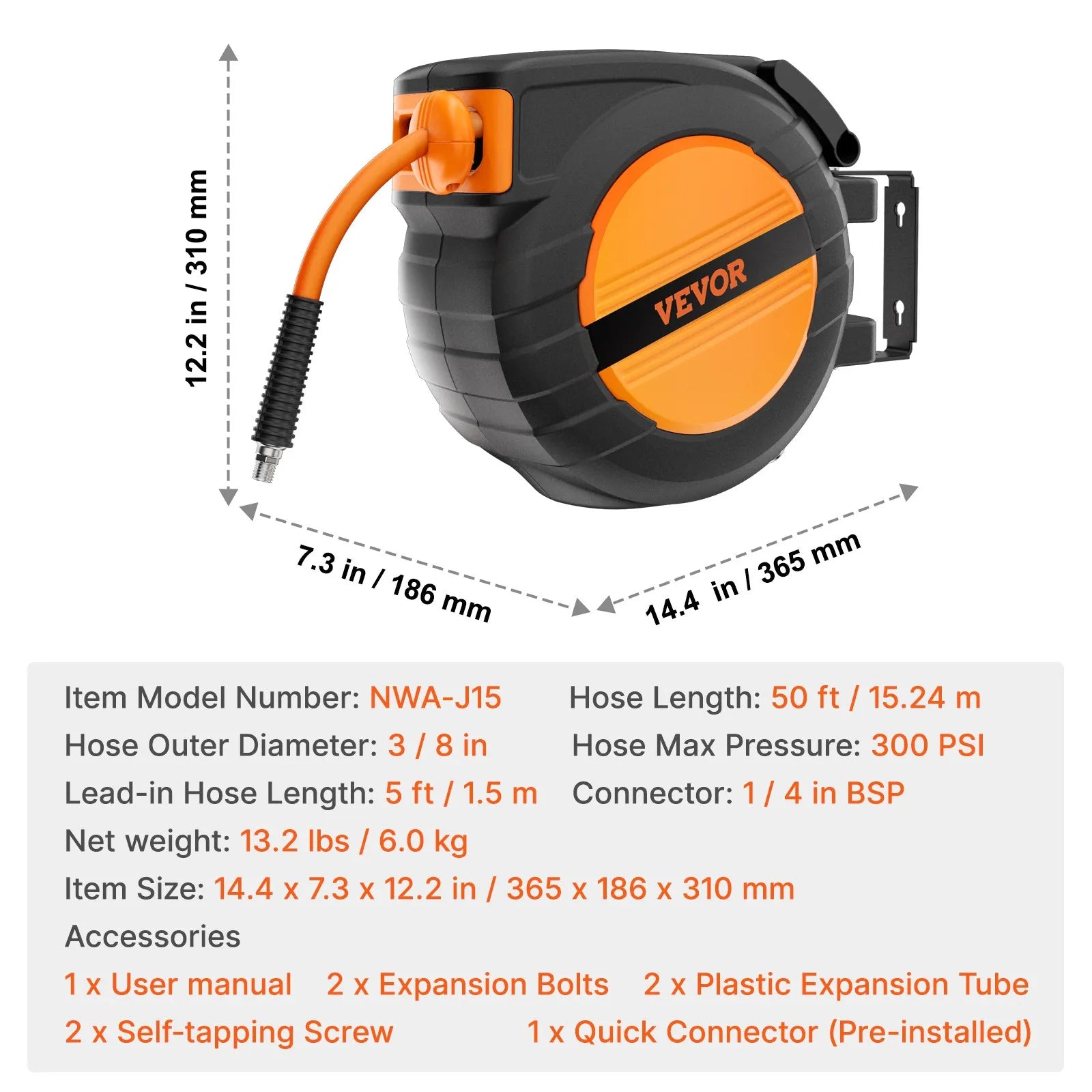 Gaisa šļūtenes spole, ievelkama, 9,53 mm, 15 m, hibrīda, ar korpusu, 20 bar / 300 PSI