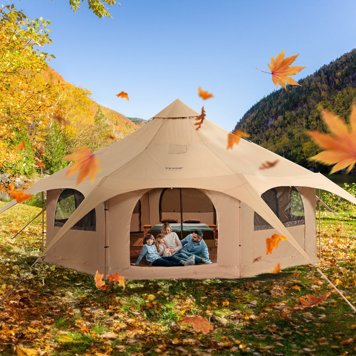 Палатка VEVOR Canvas, 4 сезона 5 м с отверстием для плиты, дышащая юрта на 8 человек, семейный кемпинг, охота на природе и вечеринки