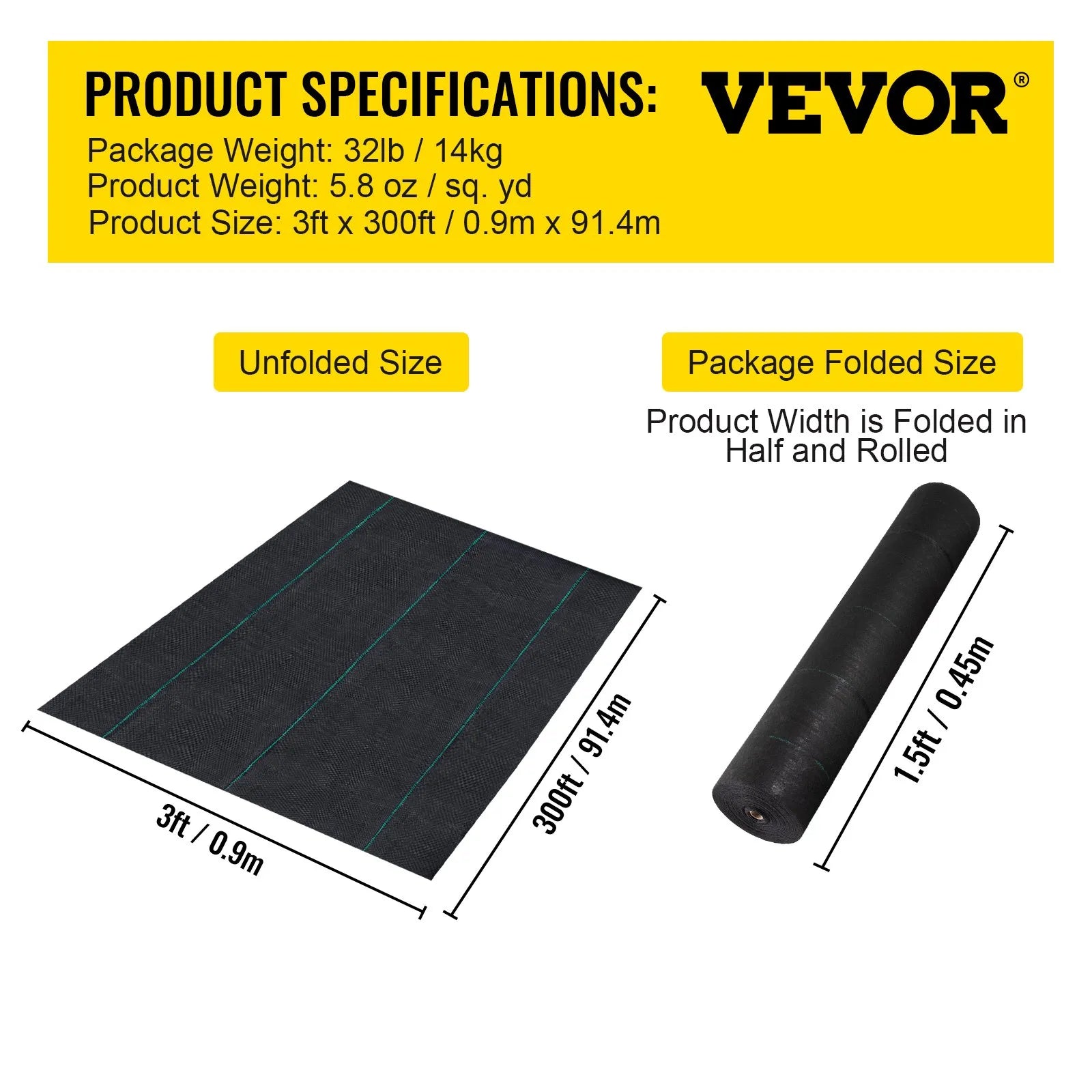 VEVOR Nezāļu ierobežošanas ainavu audums 0,91 x 91,4 m, 197 g/m² pastiprināts austs ģeotekstils dārzam un terasei, melns