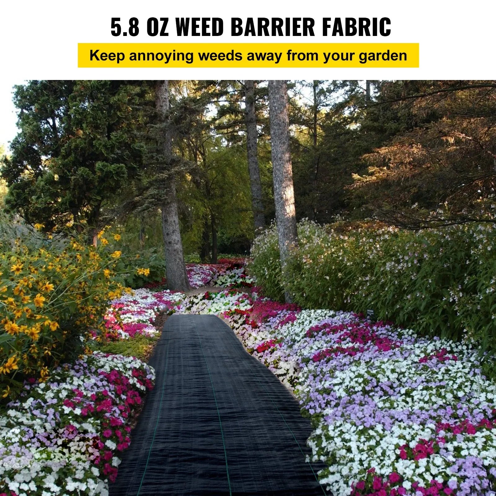 VEVOR dārza pretnezāļu ģeotekstila audums 197 g/m², 120 × 3048 cm, smagas noslodzes ainavu segums dārza zemes pārklājumam, melns