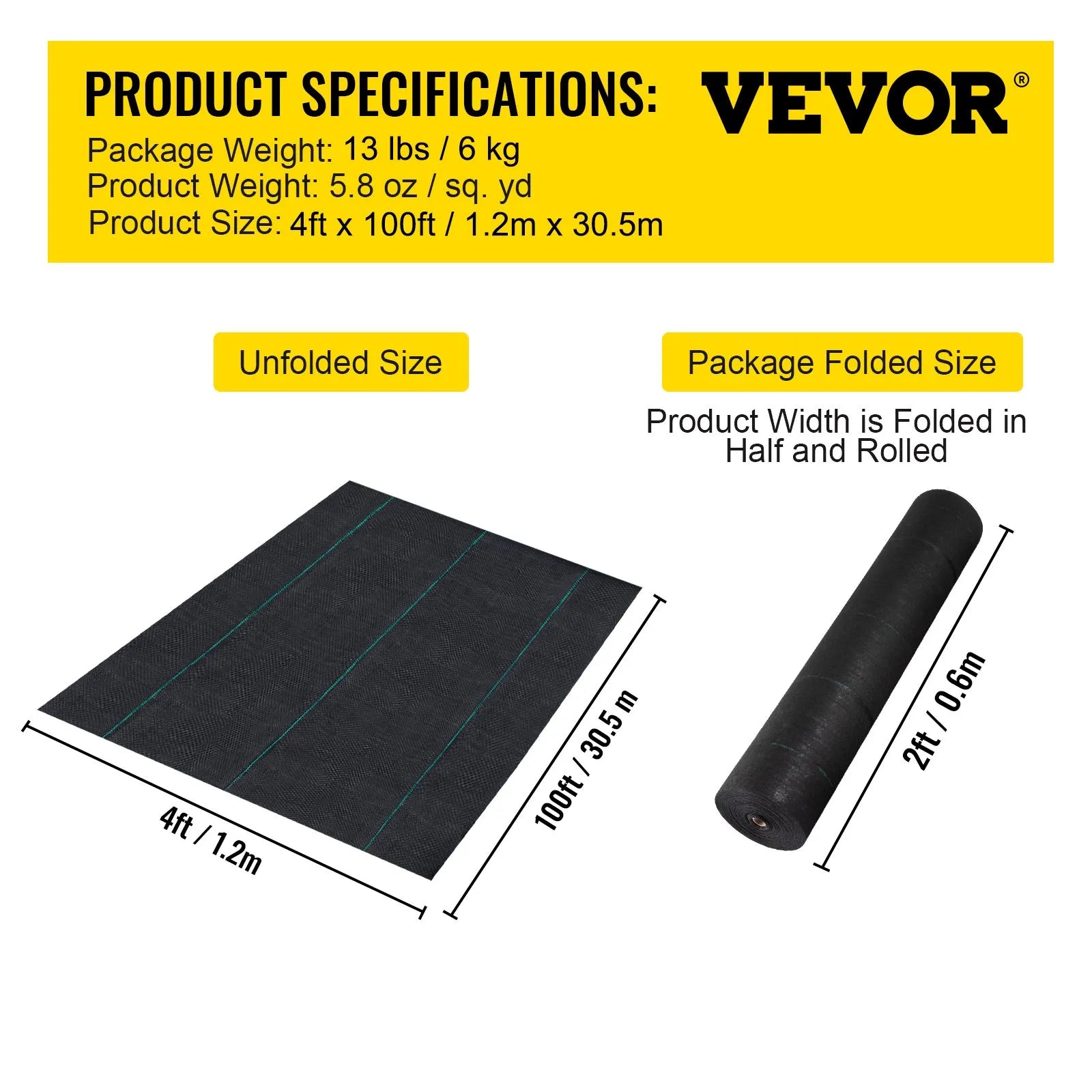 VEVOR dārza pretnezāļu ģeotekstila audums 197 g/m², 120 × 3048 cm, smagas noslodzes ainavu segums dārza zemes pārklājumam, melns