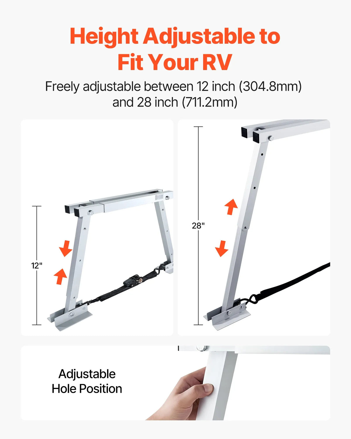 VEVOR universāls RV stabilizators piekabēm un kemperiem, regulējams augstums 304,8–711,2 mm, salokāms, samazina transportlīdzekļa šūpošanos, 1 gab.