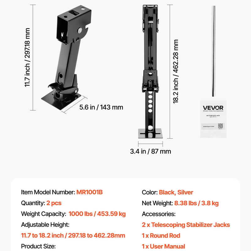 VEVOR teleskopiskais stabilizatora domkrats, 2 gab., teleskopiski nolokāmi piekabes stabilizatora domkrati kemperu piekabēm, kravnesība 453,59 kg katram, regulējams augstums 297,18–462,28 mm