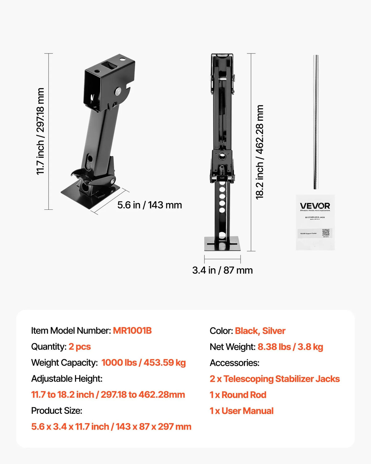VEVOR teleskopiskais stabilizatora domkrats, 2 gab., teleskopiski nolokāmi piekabes stabilizatora domkrati kemperu piekabēm, kravnesība 453,59 kg katram, regulējams augstums 297,18–462,28 mm