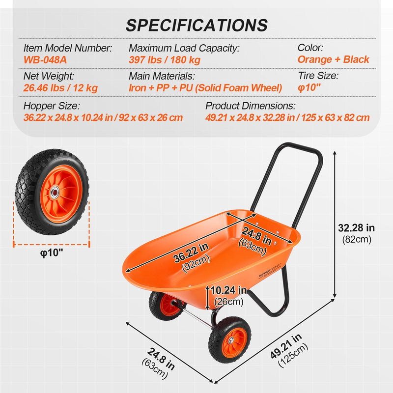 VEVOR dārza ratiņi ar 142 l tilpumu un 180 kg kravnesību, 2 riteņu dārza izgāžamais ratiņš ar rokturi un 254 mm platiem riteņiem, vieglai iekraušanai paredzēts dārza transportēšanas ratiņš zālienam un pagalma