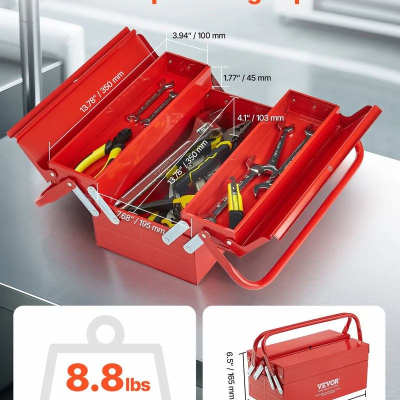 Металлический ящик для инструментов 35,6 см, 2 яруса, 3 отделения, складной переносной с ручкой и замком, сталь с порошковым покрытием, красный