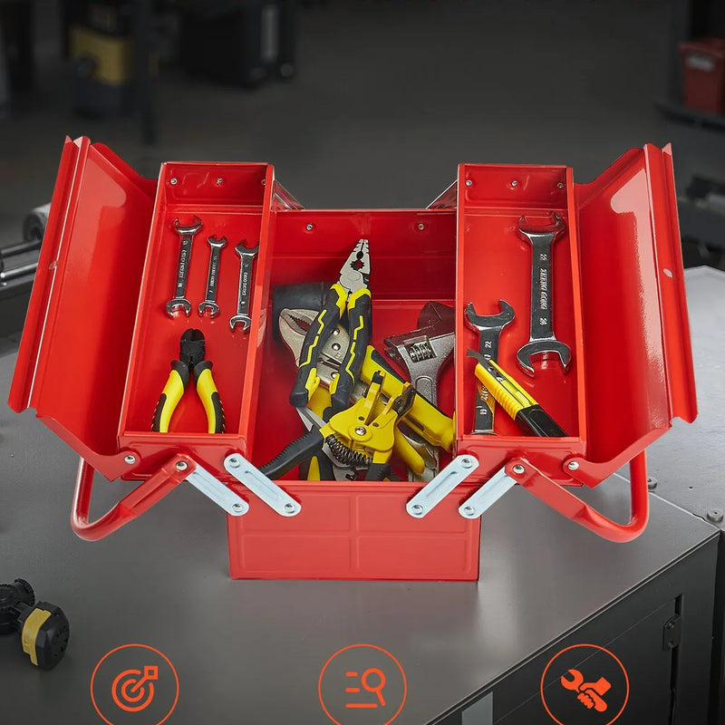 Металлический ящик для инструментов 35,6 см, 2 яруса, 3 отделения, складной переносной с ручкой и замком, сталь с порошковым покрытием, красный