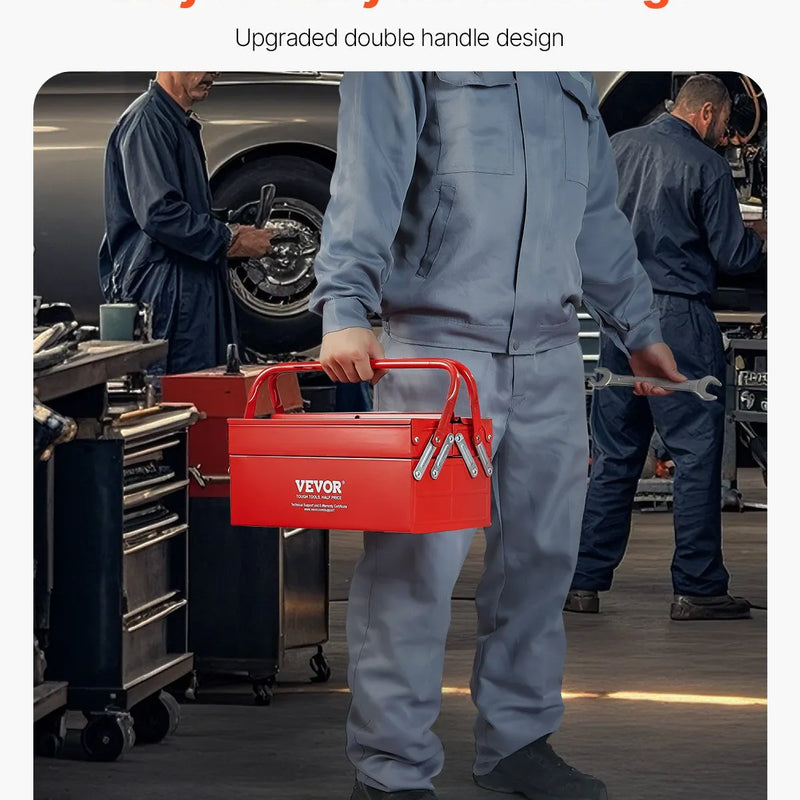 Металлический ящик для инструментов 35,6 см, 2 яруса, 3 отделения, складной переносной с ручкой и замком, сталь с порошковым покрытием, красный