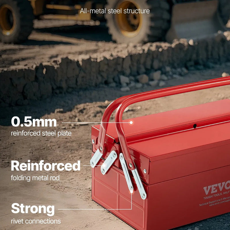 Металлический ящик для инструментов 35,6 см, 2 яруса, 3 отделения, складной переносной с ручкой и замком, сталь с порошковым покрытием, красный