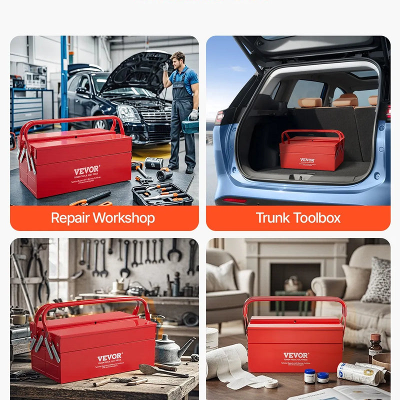 Металлический ящик для инструментов 35,6 см, 2 яруса, 3 отделения, складной переносной с ручкой и замком, сталь с порошковым покрытием, красный