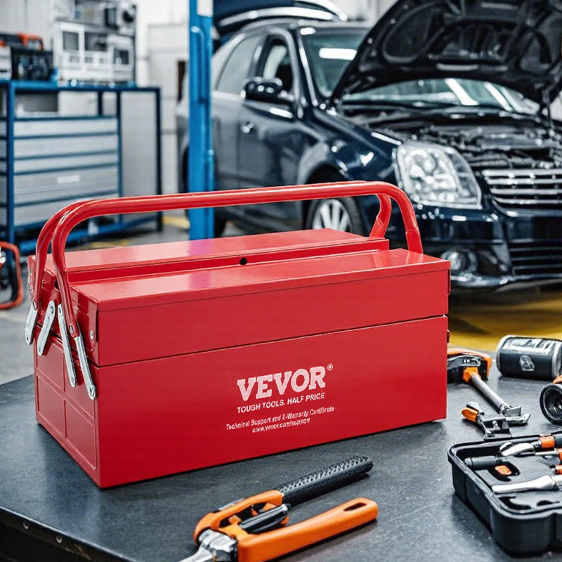 Металлический ящик для инструментов 35,6 см, 2 яруса, 3 отделения, складной переносной с ручкой и замком, сталь с порошковым покрытием, красный