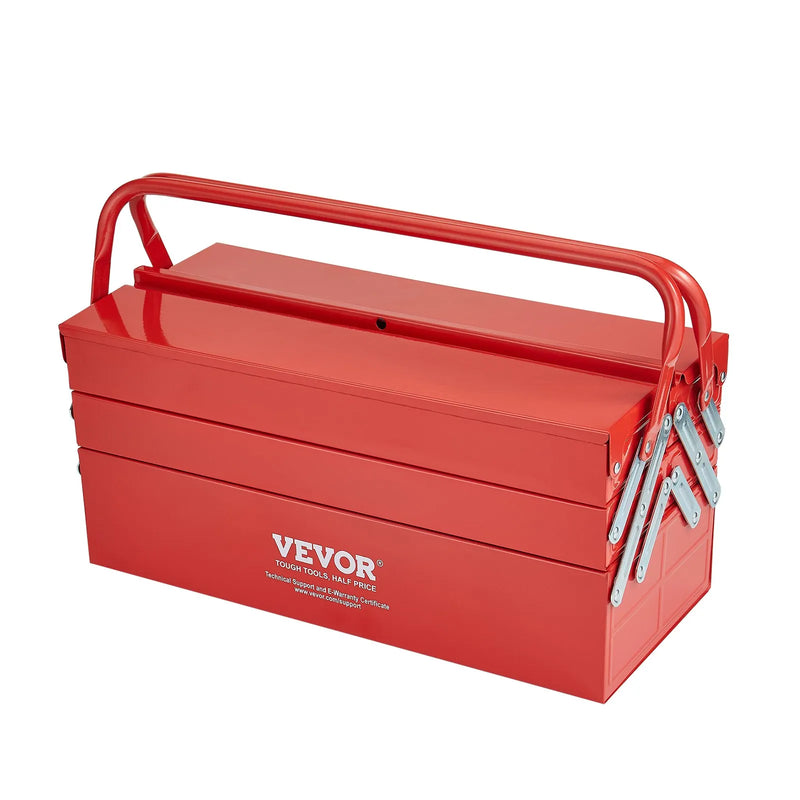 Metāla instrumentu kaste 45,7 cm, 3 līmeņu 5 nodalījumu salokāma pārnēsājama ar rokturi un aizslēga vietu, pulverkrāsots tērauds, sarkana